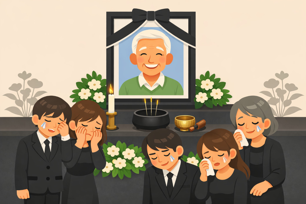家族がおじいちゃんを涙で送り出すお葬式のイラスト