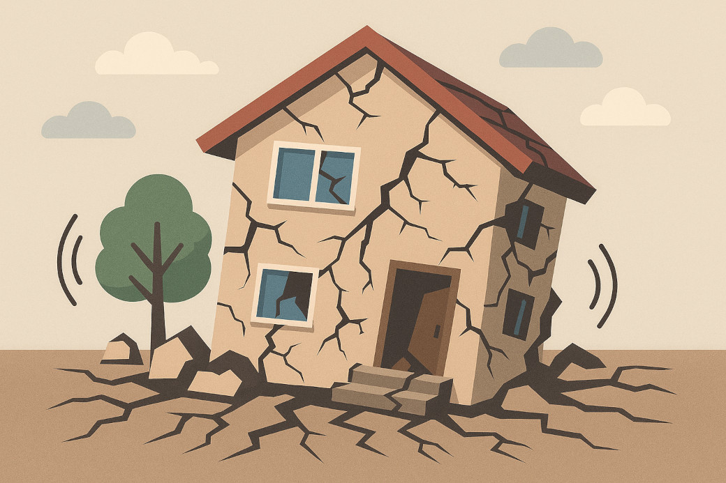 住宅が地震で壊れているイラスト