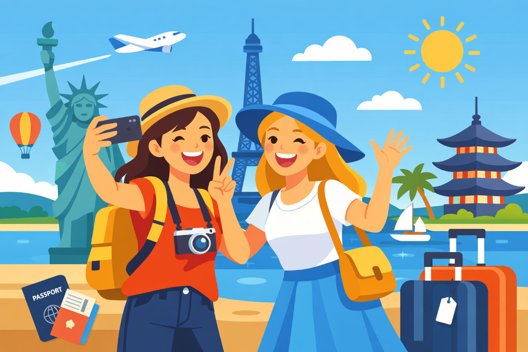 海外旅行を楽しんでいる二人の女性のイラスト