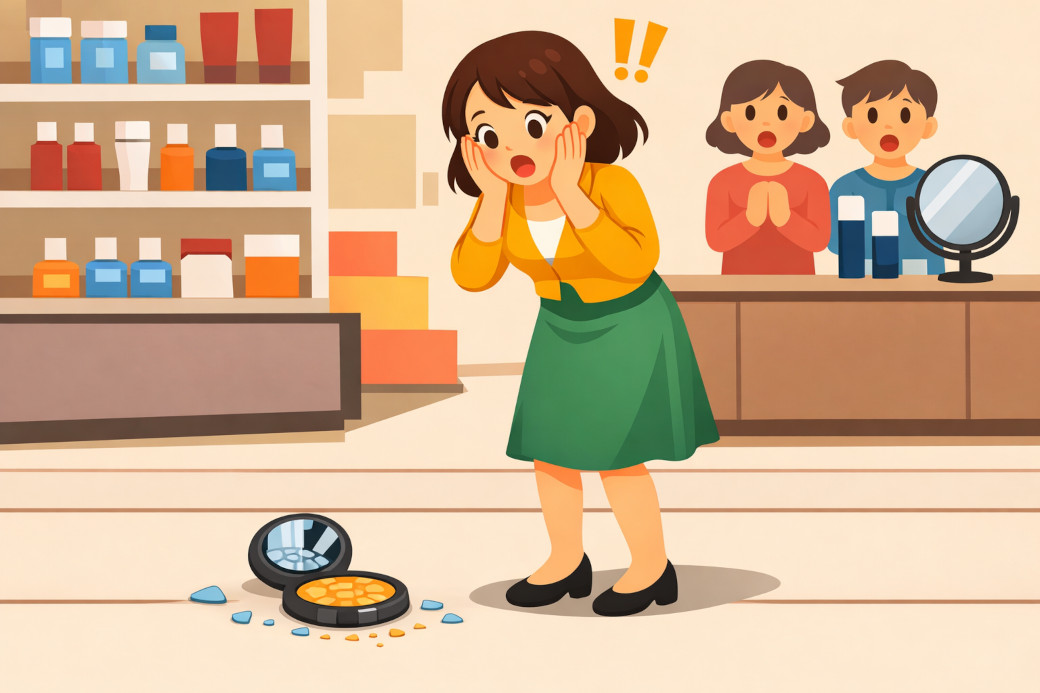 お店で女性が商品を落として壊してしまったイラスト