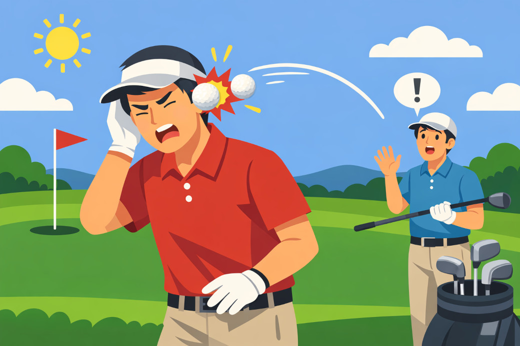 遠くから飛んできたボールがゴルファーに当たっているイラスト