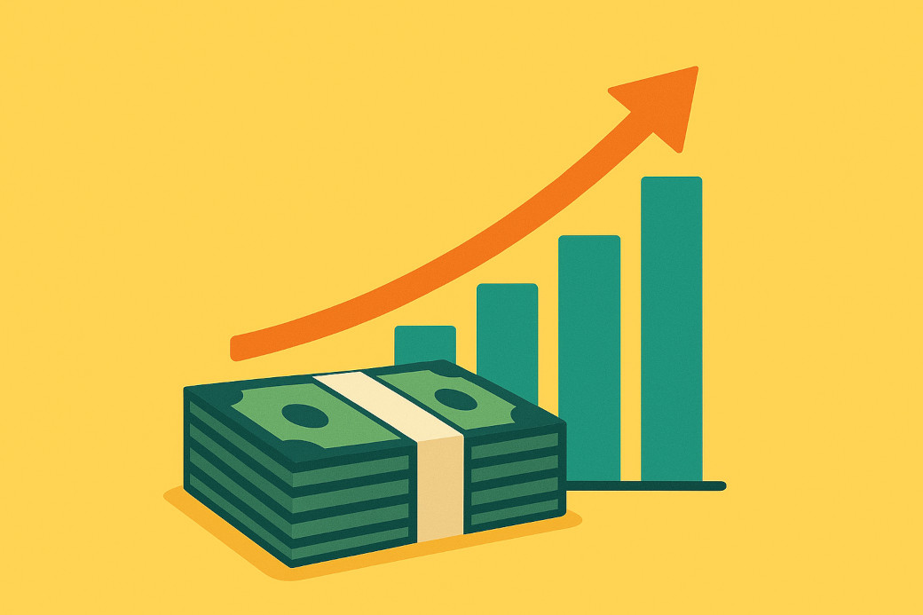 札束と右肩上がりのグラフのイラスト