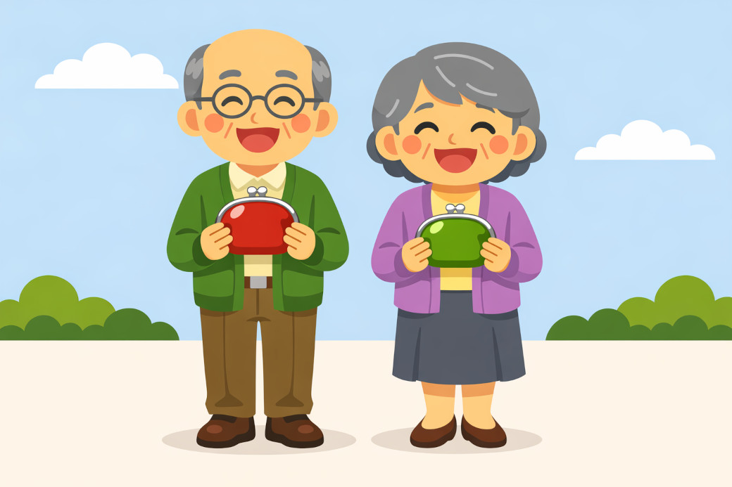 お財布を持って笑顔のおじいちゃんとおばあちゃんのイラスト