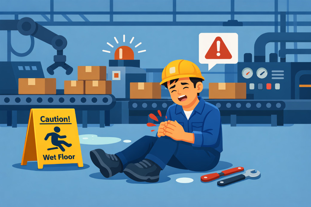 工場内で転んでケガしている作業服の従業員のイラスト
